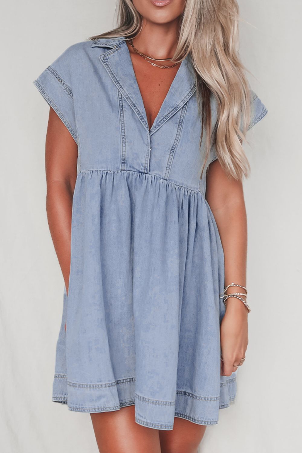 Lapel Neck Cap Sleeve Denim Babydoll Dress.