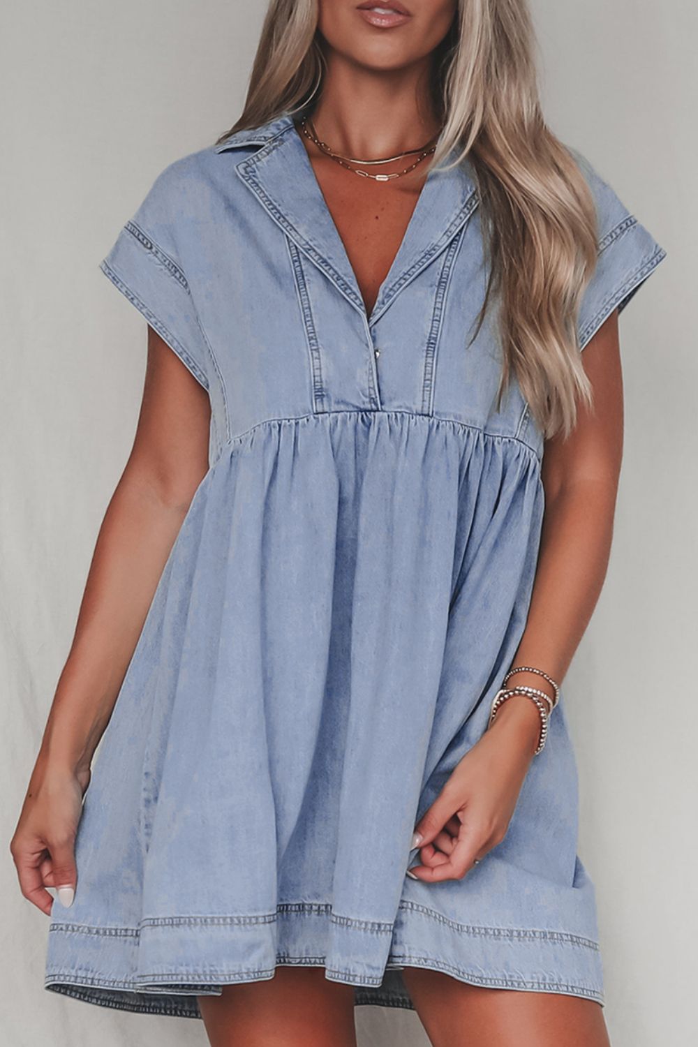 Lapel Neck Cap Sleeve Denim Babydoll Dress.