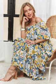 Adora Layered Floral Off-Shoulder Short Sleeve Maxi Dress.