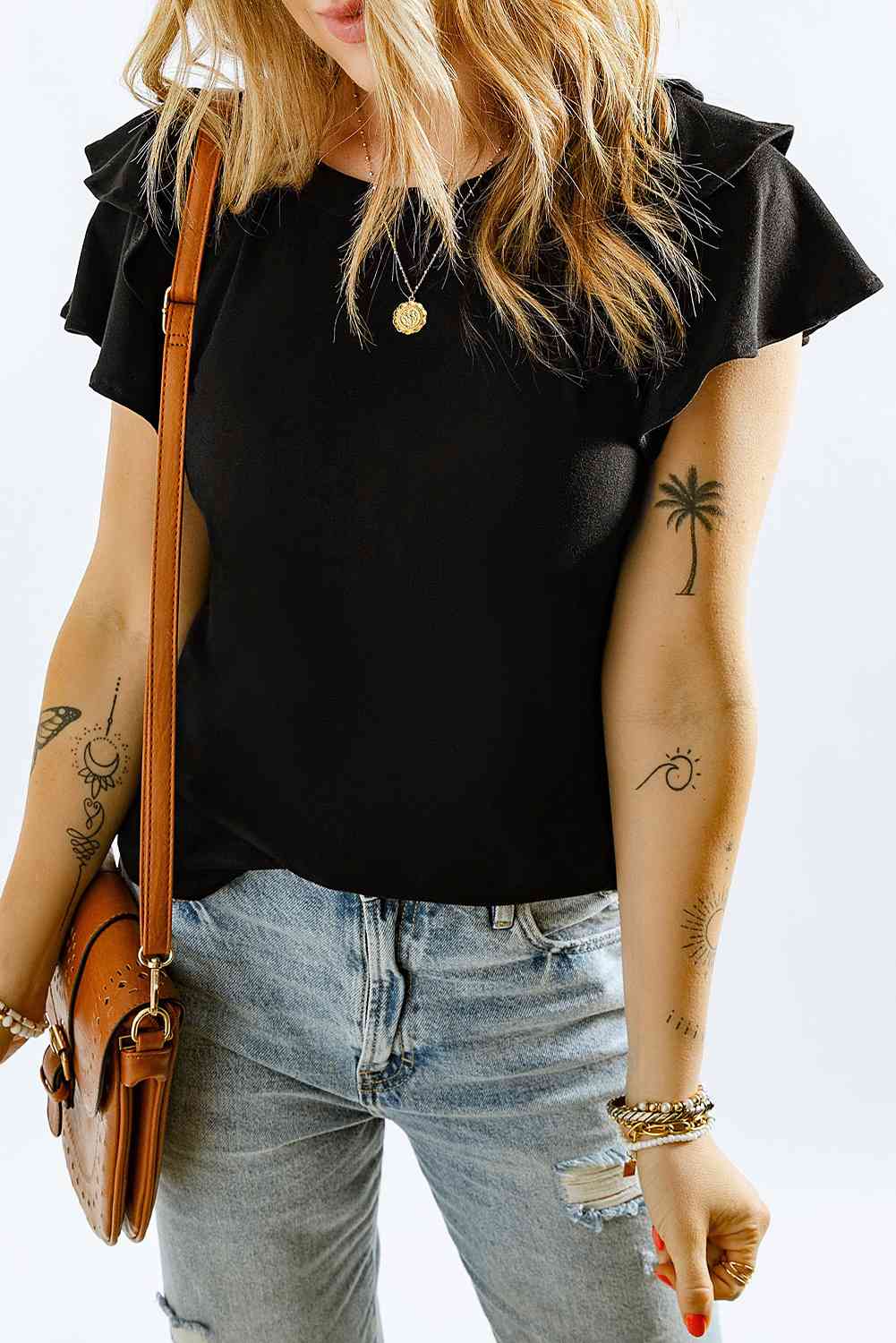 Layered Flutter Sleeve Round Neck Top.