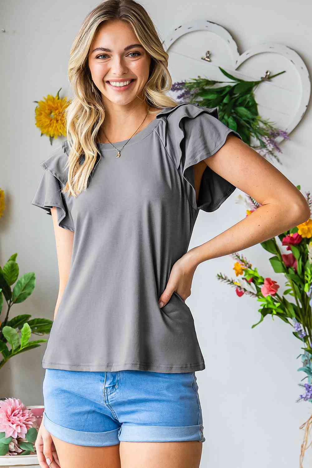 Layered Flutter Sleeve Round Neck Top.