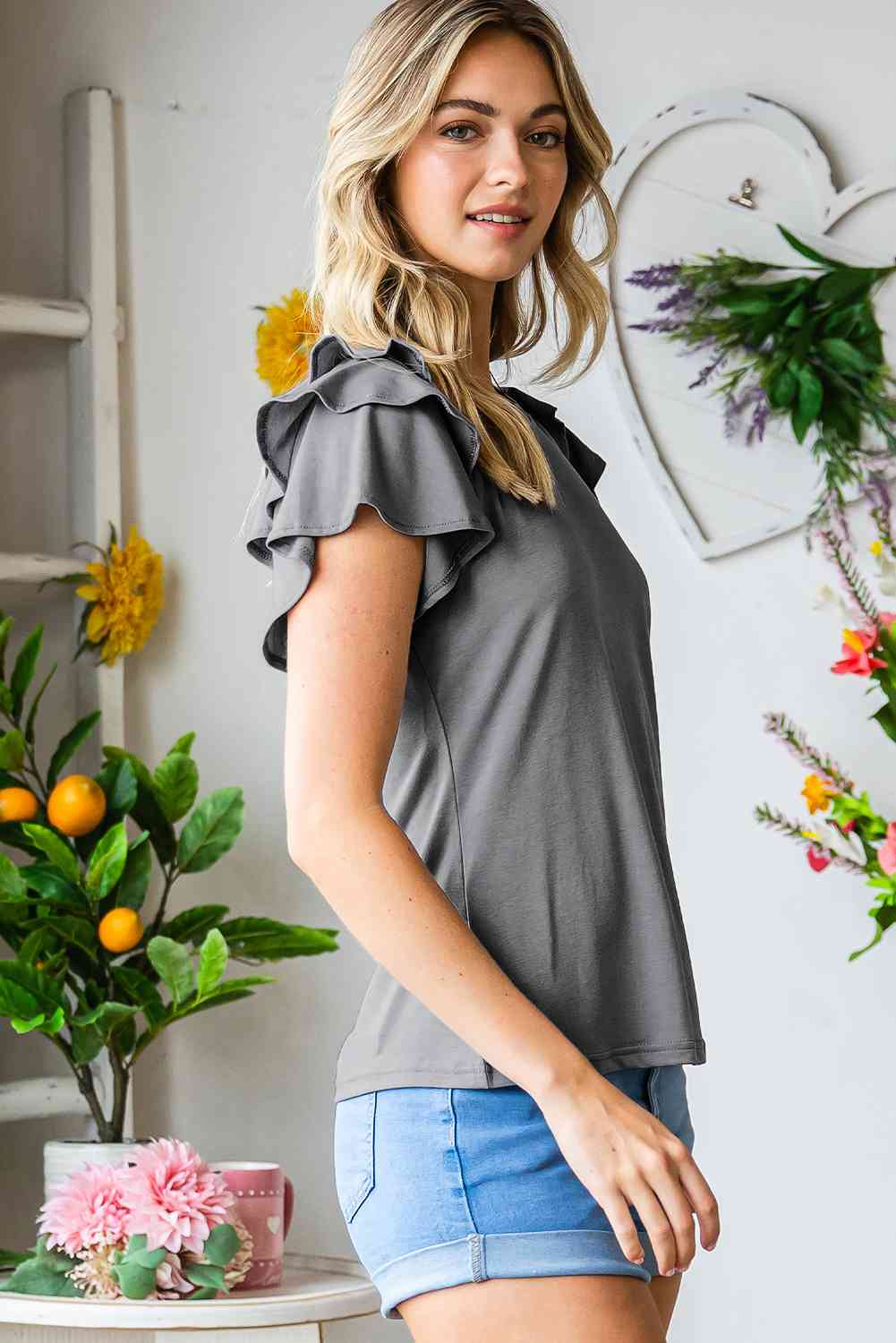 Layered Flutter Sleeve Round Neck Top.