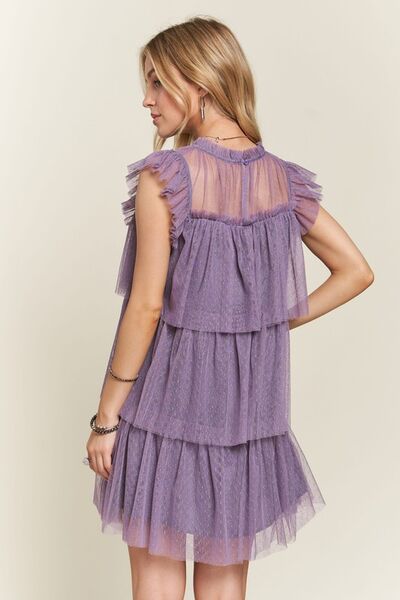 Adora Layered Ruffled Cap Sleeve Mesh Dress.