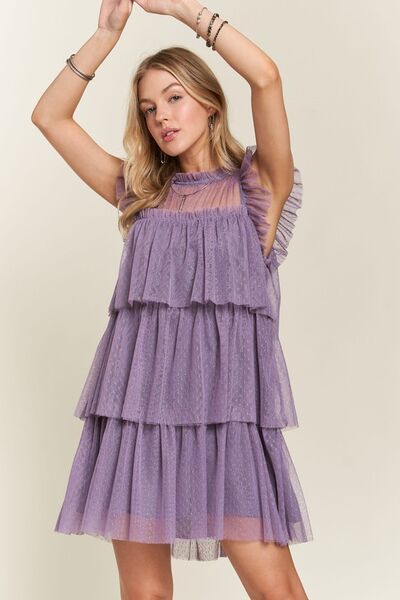 Adora Layered Ruffled Cap Sleeve Mesh Dress.