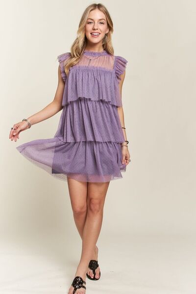 Adora Layered Ruffled Cap Sleeve Mesh Dress.
