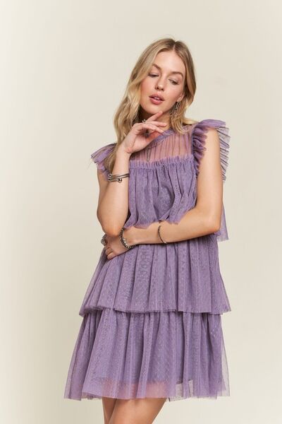 Adora Layered Ruffled Cap Sleeve Mesh Dress.