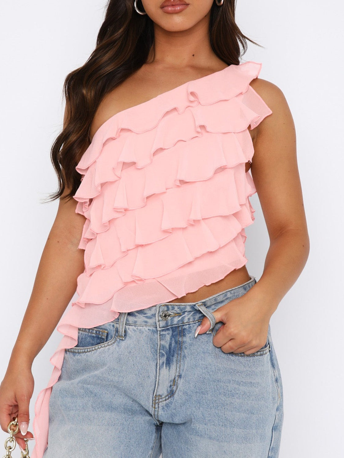 Layered ruffled one-shoulder tank top.