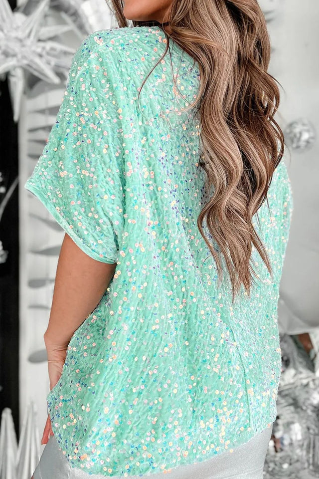 Layered Sequin V-Neck Half Sleeve Top.