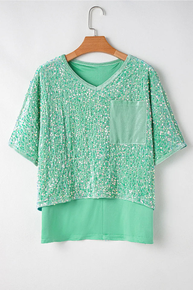Layered Sequin V-Neck Half Sleeve Top.