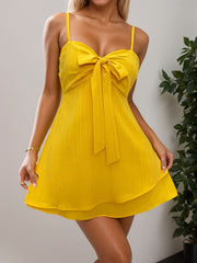 Layered Sweetheart Neck Bow Front Mini Cami Dress.