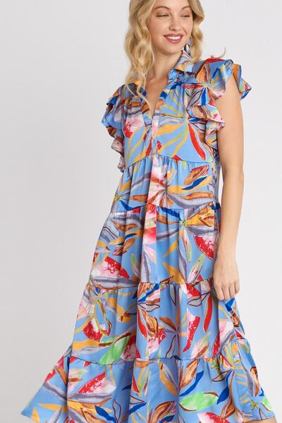 Umgee Plus Size Leaf Print Double Layered Ruffle Sleeve Tiered Midi Dress.
