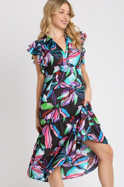 Umgee Plus Size Leaf Print Double Layered Ruffle Sleeve Tiered Midi Dress.