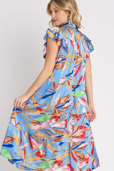 Umgee Plus Size Leaf Print Double Layered Ruffle Sleeve Tiered Midi Dress.