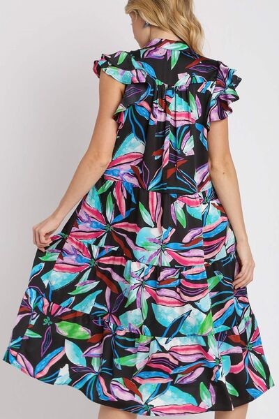 Umgee Plus Size Leaf Print Double Layered Ruffle Sleeve Tiered Midi Dress.