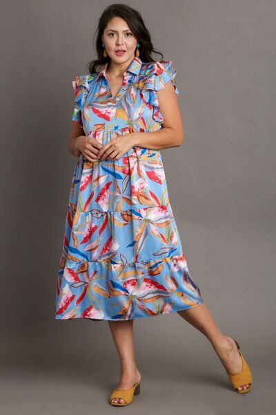 Umgee Plus Size Leaf Print Double Layered Ruffle Sleeve Tiered Midi Dress.