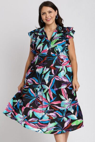 Umgee Plus Size Leaf Print Double Layered Ruffle Sleeve Tiered Midi Dress.