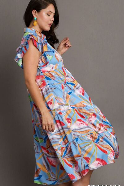 Umgee Plus Size Leaf Print Double Layered Ruffle Sleeve Tiered Midi Dress.