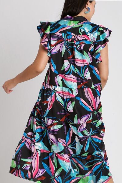 Umgee Plus Size Leaf Print Double Layered Ruffle Sleeve Tiered Midi Dress.