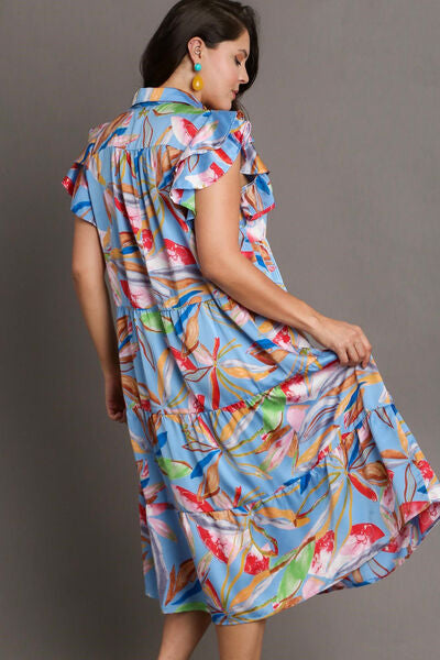 Umgee Plus Size Leaf Print Double Layered Ruffle Sleeve Tiered Midi Dress.