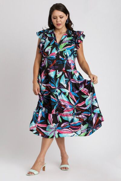 Umgee Plus Size Leaf Print Double Layered Ruffle Sleeve Tiered Midi Dress.