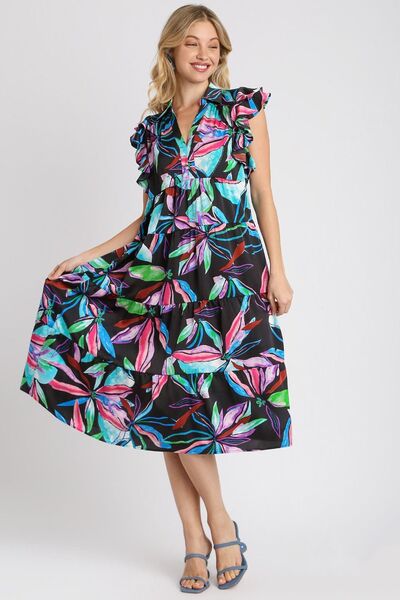 Umgee Plus Size Leaf Print Double Layered Ruffle Sleeve Tiered Midi Dress.