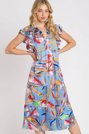 Umgee Plus Size Leaf Print Double Layered Ruffle Sleeve Tiered Midi Dress.
