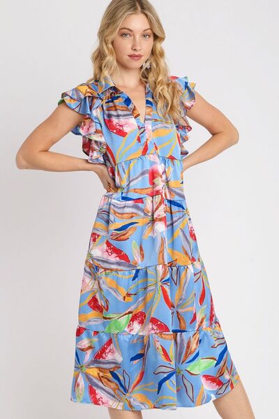 Umgee Plus Size Leaf Print Double Layered Ruffle Sleeve Tiered Midi Dress.
