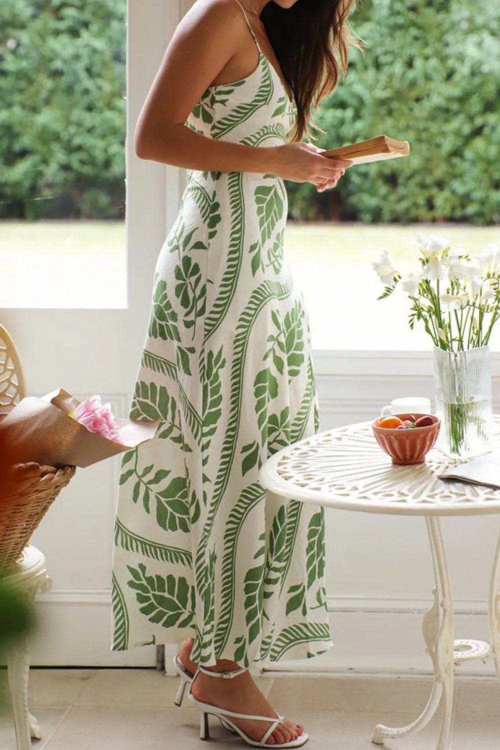 Leaf Print Slit V-Neck Midi Cami Dress.