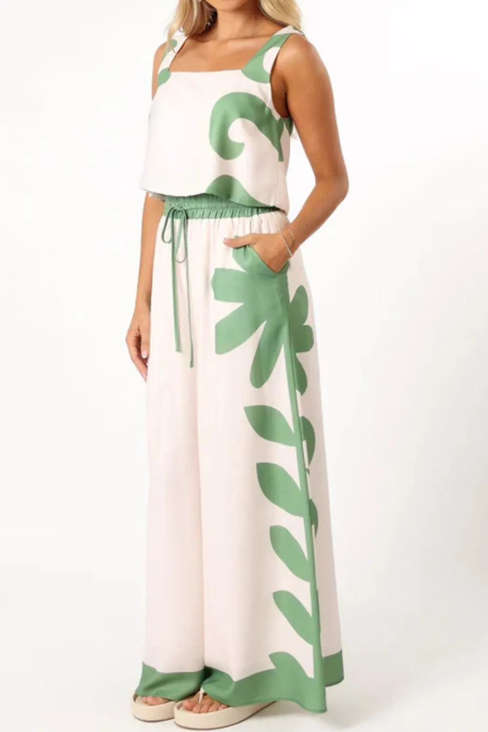 Leaf Print Tank Top and Pants Set.