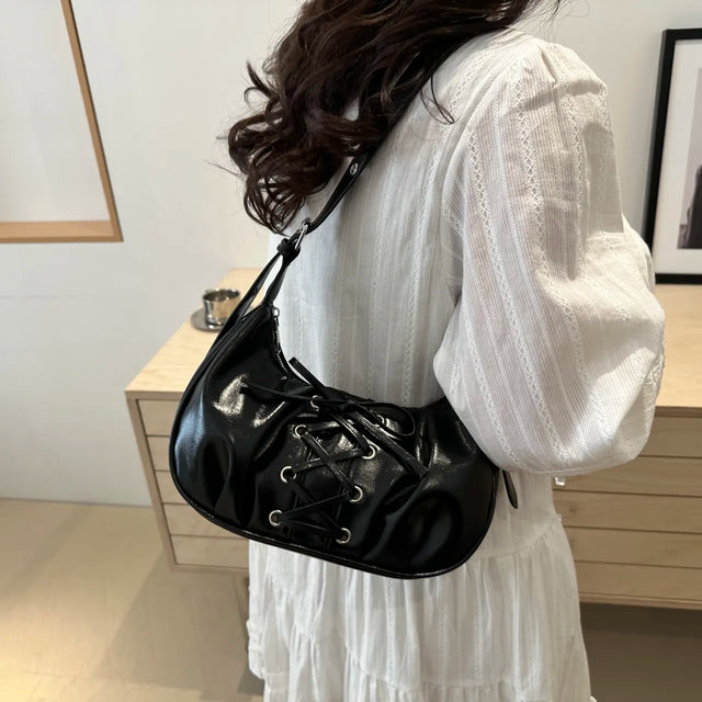Small PU leather lace-up detail shoulder bag.