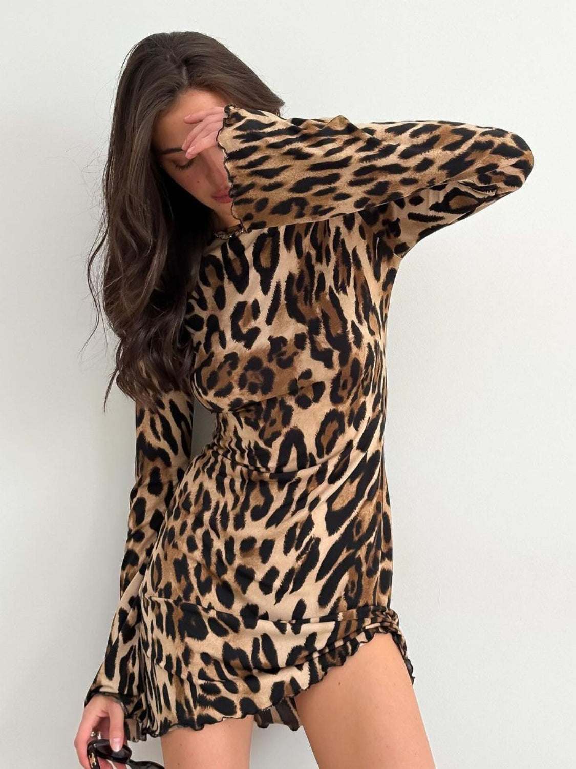 Leopard Backless Long Sleeve Mini Dress.