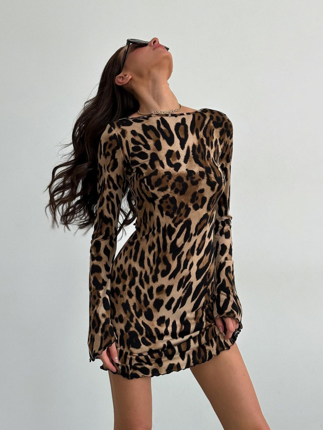 Leopard Backless Long Sleeve Mini Dress.