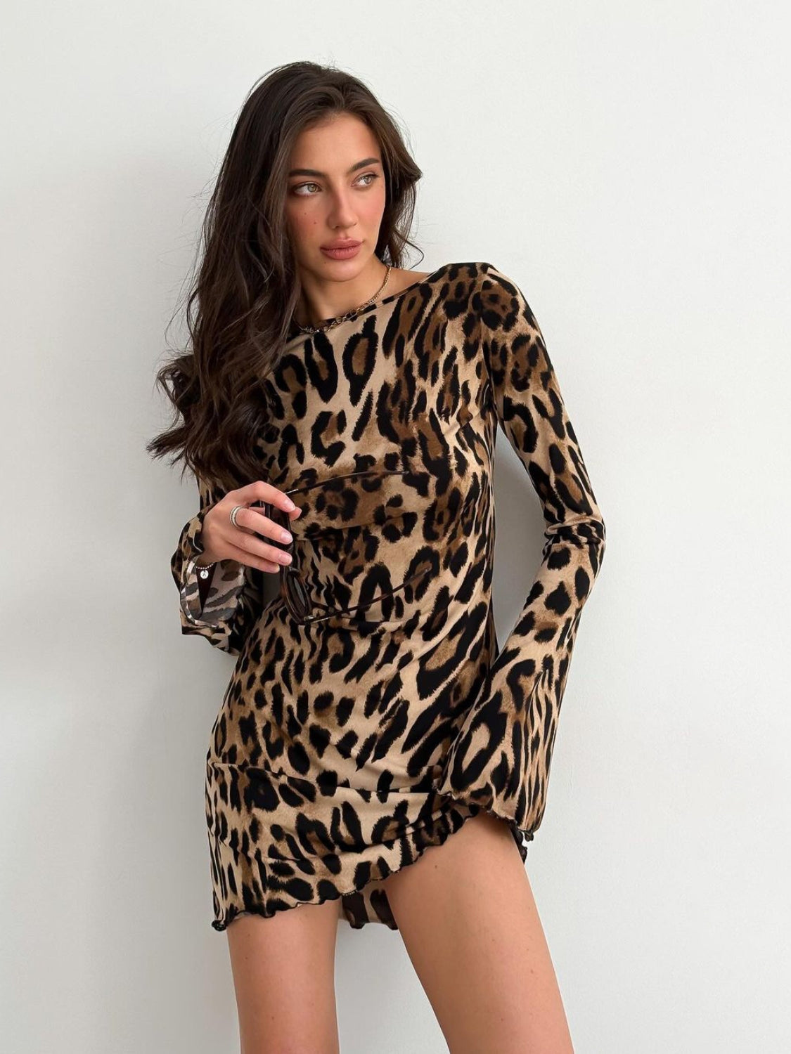 Leopard Backless Long Sleeve Mini Dress.