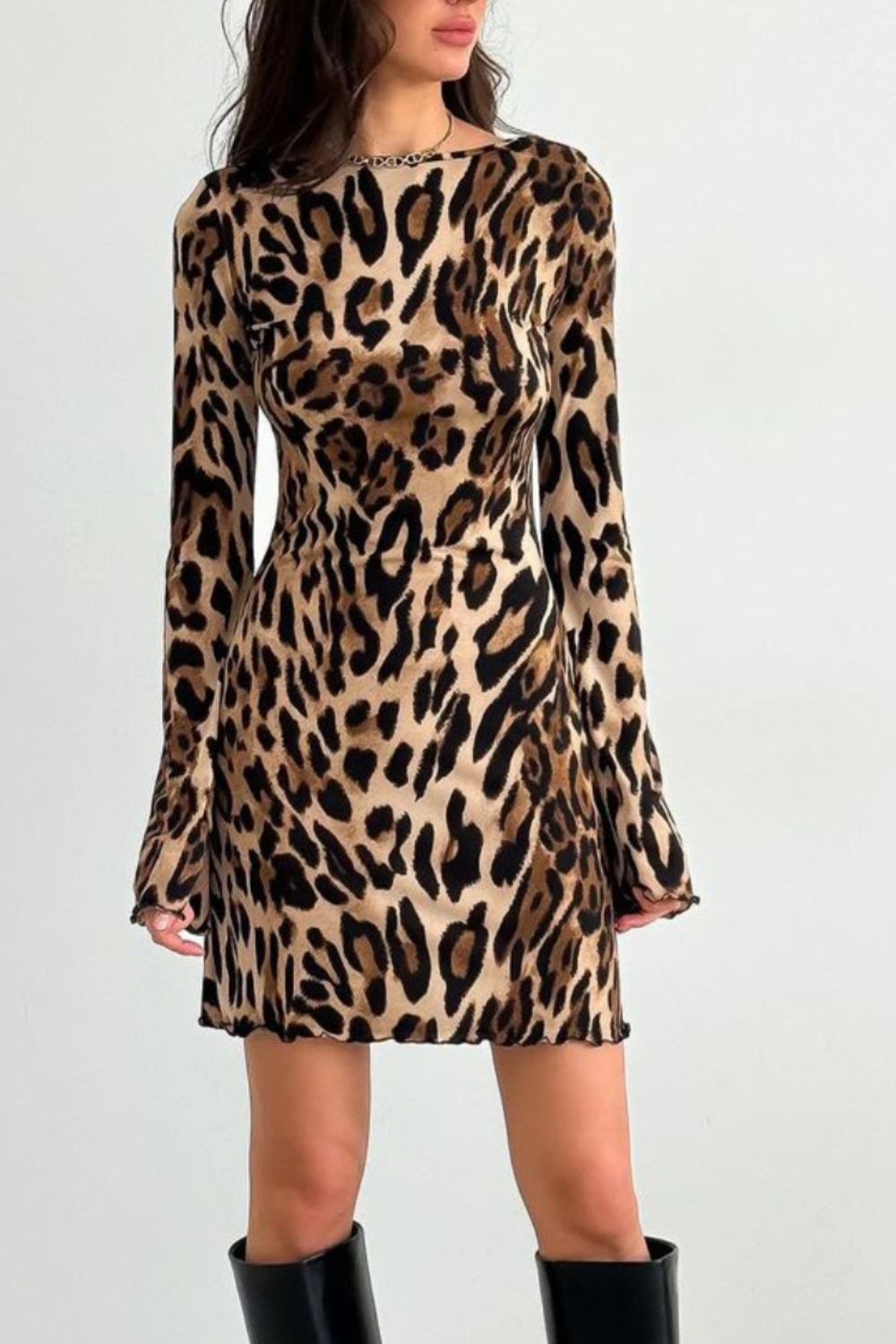 Leopard Backless Long Sleeve Mini Dress.