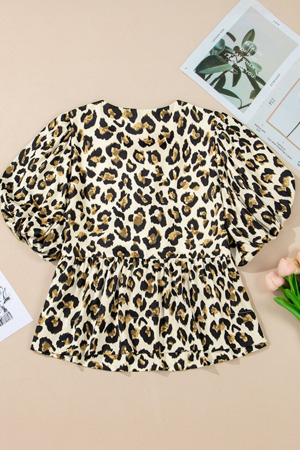 Leopard Bow Tie Front Puff Sleeve Peplum Blouse.