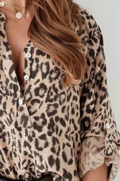 Leopard Button Detail Notched Long Sleeve Blouse.