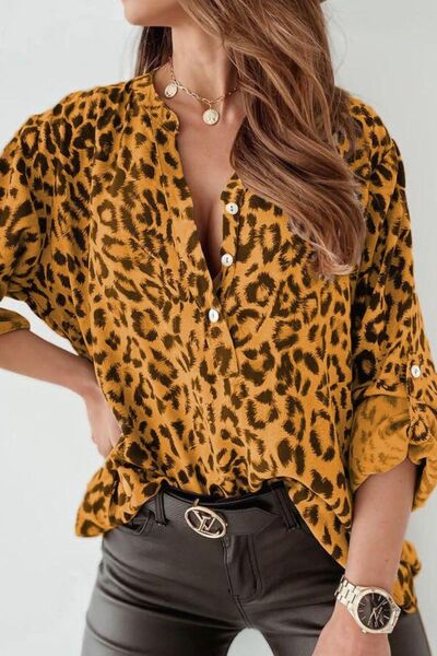 Leopard Button Detail Notched Long Sleeve Blouse.