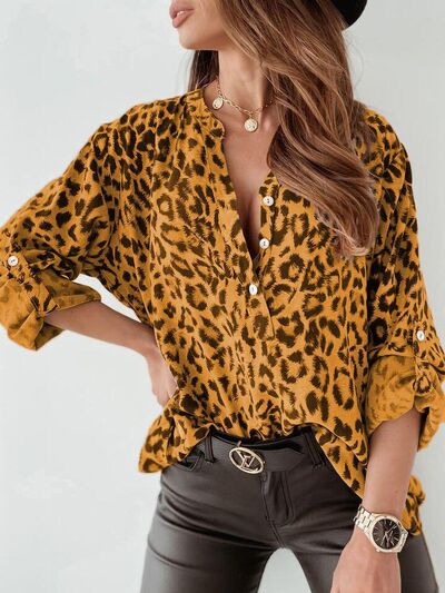 Leopard Button Detail Notched Long Sleeve Blouse.