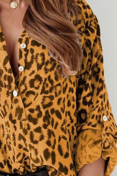 Leopard Button Detail Notched Long Sleeve Blouse.