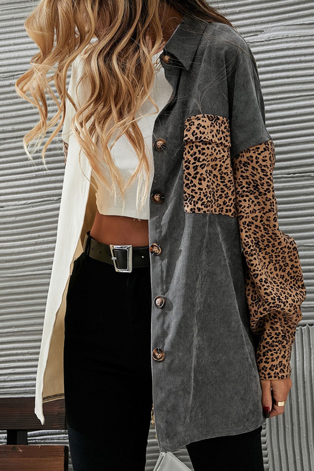 Leopard button up drop shoulder jacket with pockets.