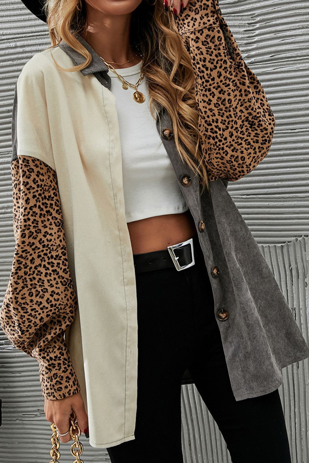 Leopard button up drop shoulder jacket with pockets.
