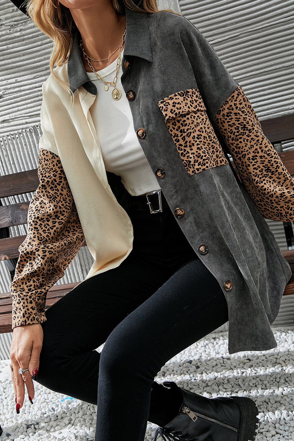 Leopard button up drop shoulder jacket with pockets.