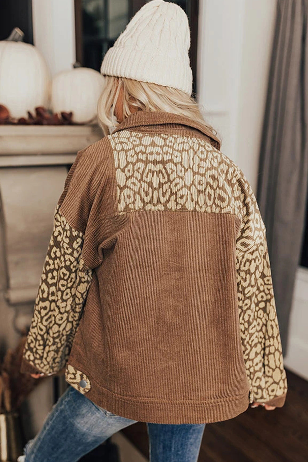 Leopard print button-up drop shoulder jacket with pockets.