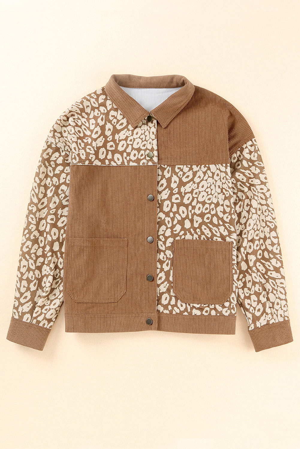 Leopard print button-up drop shoulder jacket with pockets.