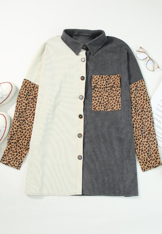 Leopard button up drop shoulder jacket with pockets.
