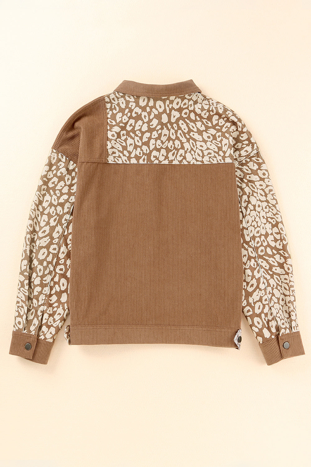 Leopard print button-up drop shoulder jacket with pockets.