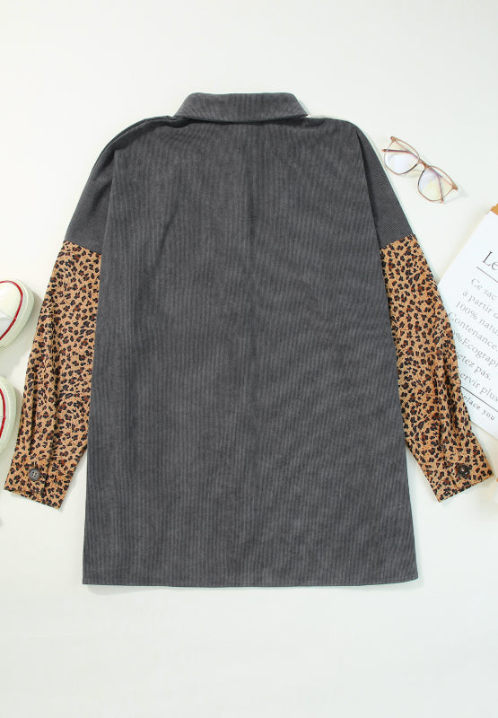 Leopard button up drop shoulder jacket with pockets.