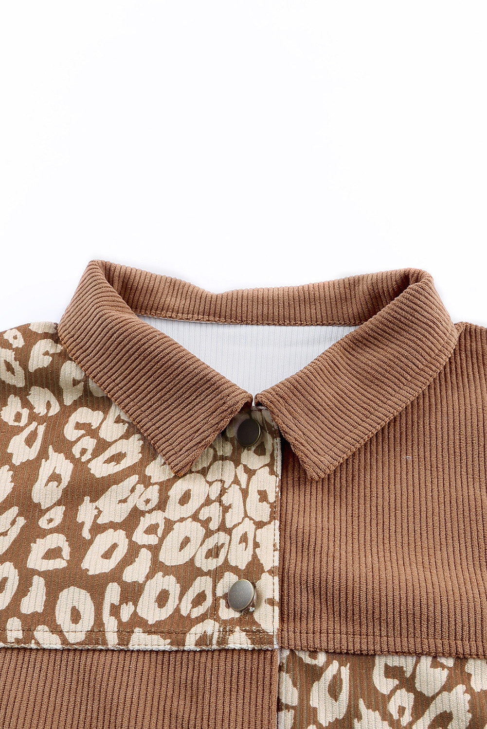Leopard print button-up drop shoulder jacket with pockets.