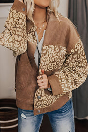 Leopard print button-up drop shoulder jacket with pockets.