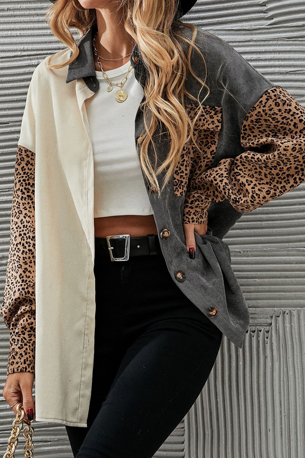 Leopard button up drop shoulder jacket with pockets.